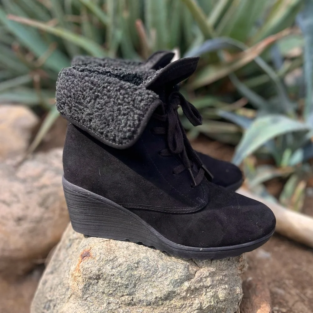 ATTENTION | Women's Black Suede Wedge Ankle Boots 9